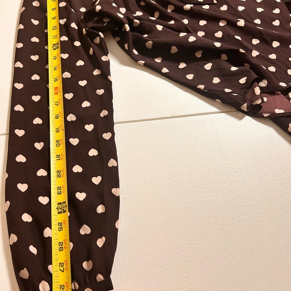 LOFT Ann Taylor Blouse L Brown Heart Print Tie Neck Long Sleeve Romantic Top - Picture 8 of 13